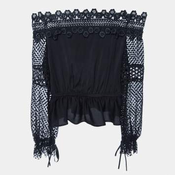 Pre Owned Self-Portrait Black Crepe & Lace Off-Shoulder Top S