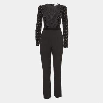 Pre Owned Self-Portrait Black Lace Trim Velvet Diamanté Jumpsuit S
