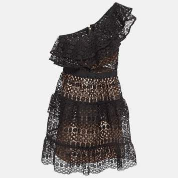 Pre Owned Self-Portrait Black Lace Overlay One-Shoulder Mini Dress S