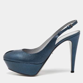 Sergio Rossi Blue Iguana Embossed Leather Platform Slingback Pumps Size 39.5