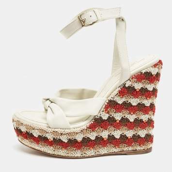 Sergio Rossi Cream Leather And Fabric Platform Wedge Knotted Ankle Strap Sandals Size 36