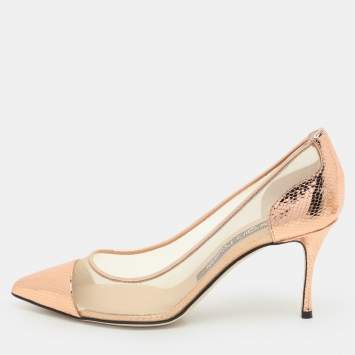 Sergio Rossi Rose Gold Mesh and Python Embossed Leather Pumps Size 37