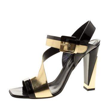 Pre Owned Sergio Rossi Black Patent And Metallic Gold Leather Zed Peep Toe Sandals Size 40