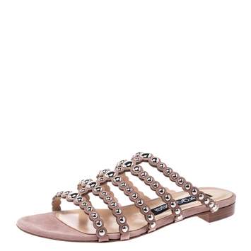 Pre Owned Sergio Rossi Beige Suede Studded Strappy Flats Size 39.5