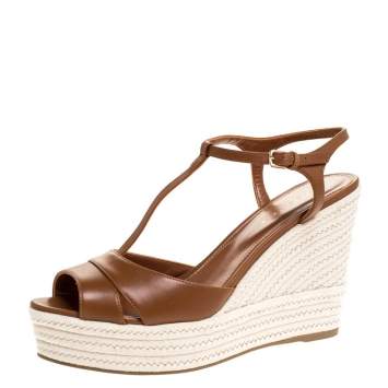 Pre Owned Sergio Rossi Brown Leather Wedge Espadrille Ankle Strap Sandals Size 39