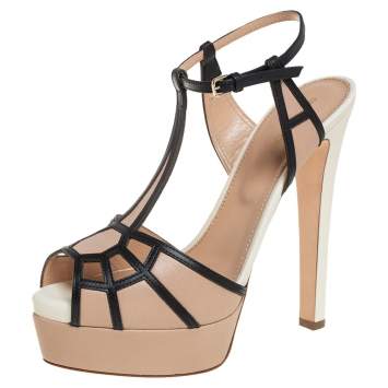 Pre Owned Sergio Rossi Beige And Black Leather T-Strap Platform Sandals Size 38