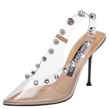 Pre Owned Sergio Rossi Beige PVC Crystal Embellished Slingback Sandals Size 38.5