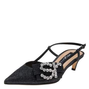 Pre Owned Sergio Rossi Black Glitter Sr Icona Slingback Sandals Size 37
