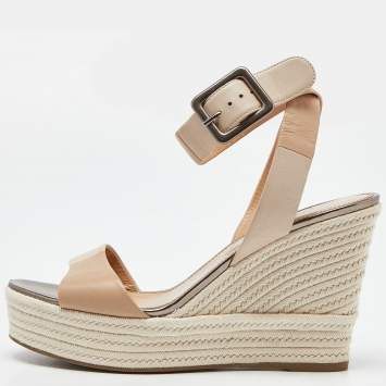 Pre Owned Sergio Rossi Two Tone Leather Espadrille Wedge Ankle Wrap Sandals Size 39