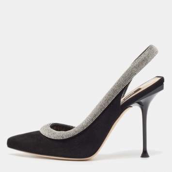 Pre Owned Sergio Rossi Black Suede Crystal Embellished Slingback Pumps Size 37