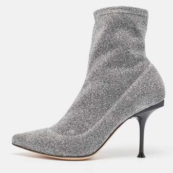 Pre Owned Sergio Rossi Silver Knit Fabric Sock Ankle Boots Size 36