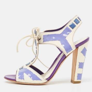 Pre Owned Sergio Rossi White Leather With Purple Cut Out Detail Peep Toe Sandals Size 36.5