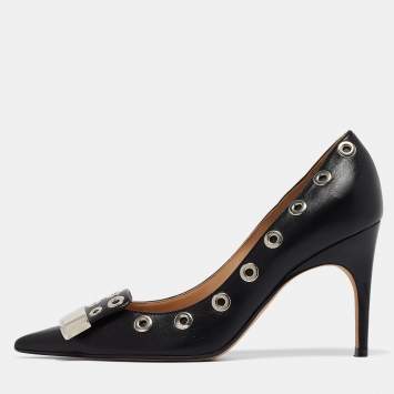 Pre Owned Sergio Rossi Black Leather Eyelet Detail Pumps Size 37.5