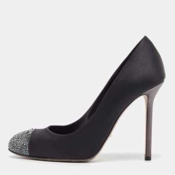 Pre Owned Sergio Rossi Black/Grey Satin Crystal Embellished Peep Toe Pumps Size 38.5