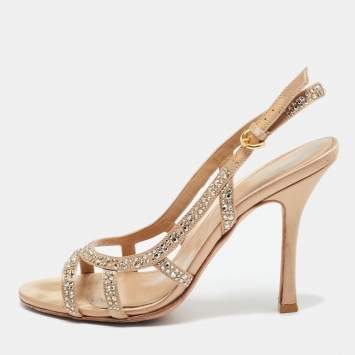 Pre Owned Sergio Rossi Beige Satin Crystal Embellished Ankle Strap Sandals Size 38