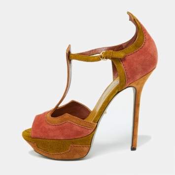 Pre Owned Sergio Rossi Tri Color Suede Platform Ankle Strap Sandals Size 38.5