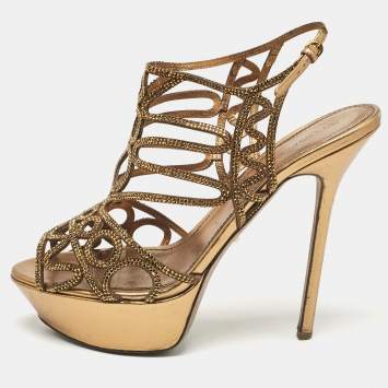 Pre Owned Sergio Rossi Metallic Crystal Embellished Suede Cut Out Platform Sandals Size 39