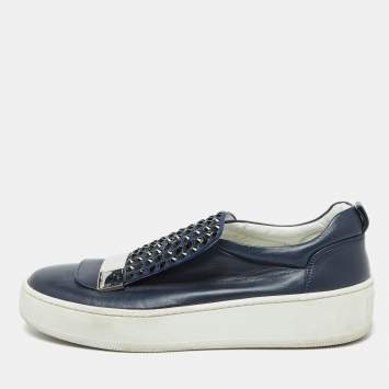 Pre Owned Sergio Rossi Blue Leather and Suede Crystal Embellished SR1 Low Top Sneakers Size 38