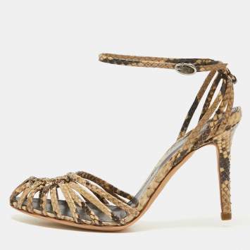 Pre Owned Sergio Rossi Beige Python Leather Ankle Strap Sandals Size 37.5