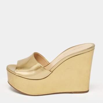 Pre Owned Sergio Rossi Gold Patent Leather Lakeesha Wedge Sandals Size 37