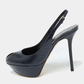 Pre Owned Sergio Rossi Blue Patent Leather Peep Toe Slingback Pumps Size 37