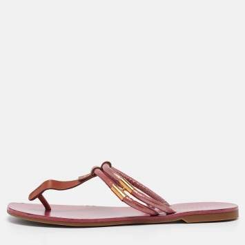 Pre Owned Sergio Rossi Purple/Brown Leather and PVC T Strap Flat Slides Size 39