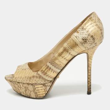 Pre Owned Sergio Rossi Gold Snakeskin Embossed Leather Peep Toe Pumps Size 39