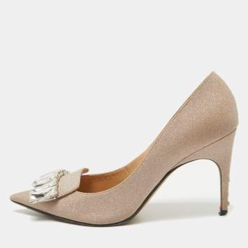Pre Owned Sergio Rossi Beige Glitter Leather Crystals SR1 Pumps Size 37.5