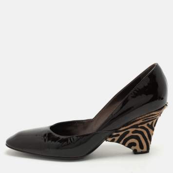 Pre Owned Sergio Rossi Brown Patent Leather Wedge Pumps Size 39.5