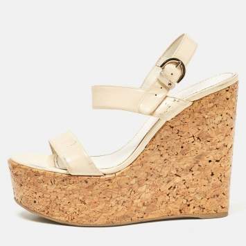 Pre Owned Sergio Rossi Cream Patent Leather Ankle Strap Cork Platform Wedge Sandals Size 38