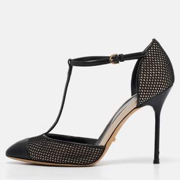 Pre Owned Sergio Rossi Black Mesh and Leather Mary Jane Pumps Size 36.5