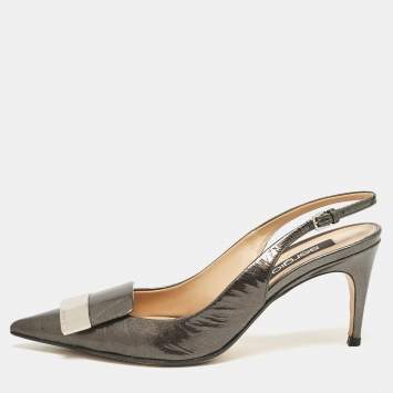 Pre Owned Sergio Rossi Dark Green Patent Leather SR1 Slingback Pumps Size 36.5