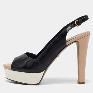 Pre Owned Sergio Rossi Black/Beige Leather and Patent Leather Slide Sandals Size 39