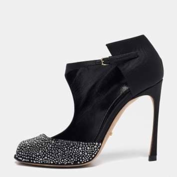 Pre Owned Sergio Rossi Black Satin Crystal Embellished Peep Toe D'orsay Pumps Size 38