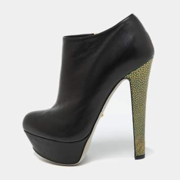 Pre Owned Sergio Rossi Black Leather Platform Ankle Length Booties Size 34.5