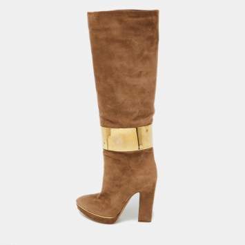 Pre Owned Sergio Rossi Light Brown Suede Metal Cuff Platform Knee Length Boots Size 36