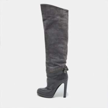 Pre Owned Sergio Rossi Grey Suede and Snakeskin Thigh High Boots Size 35