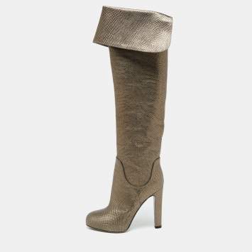 Pre Owned Sergio Rossi Brown Karung Leather Platform Over The Knee Boots Size 35