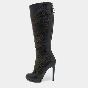 Pre Owned Sergio Rossi Black Lizard Embossed Leather Over The Knee Boots Size 35