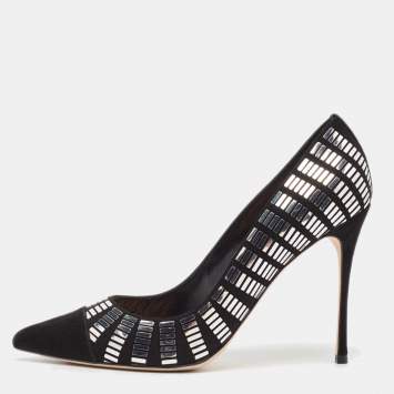 Pre Owned Sergio Rossi Black Suede Crystal Embellished Pointed Toe  Pumps Size 38.5