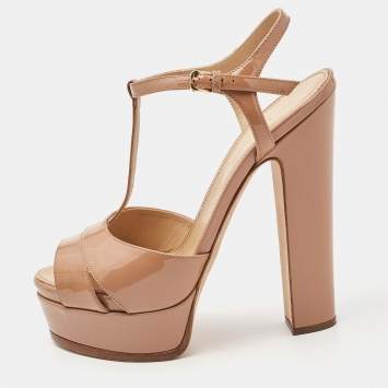Pre Owned Sergio Rossi Beige Patent Leather Platform Ankle Strap Sandals Size 37.5