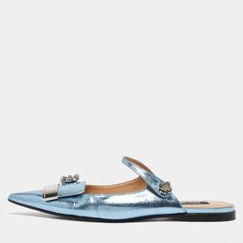 Pre Owned Sergio Rossi Metallic Blue Textured Leather Flower Detail Flat Mules Size 40