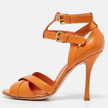 مملوكة مسبقًا Sergio Rossi Orange Leather Ankle Strap Sandals Size 38