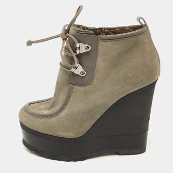 Pre Owned Sergio Rossi Grey Nubuck Leather Woolen Wedge Ankle Boots Size 38