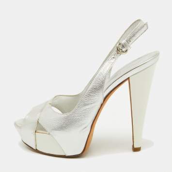 Pre Owned Sergio Rossi Silver Leather Slingback Platform Sandals Size 37