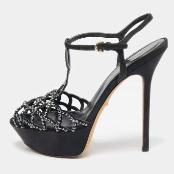 Pre Owned Sergio Rossi Black Satin Crystal Embellished Strappy Platform Sandals Size 37.5