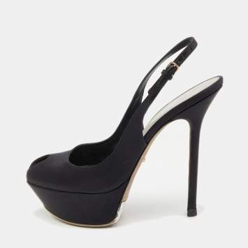 Pre Owned Sergio Rossi Black Satin Slingback Peep Toe Pumps Size 37.5