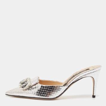 Pre Owned Sergio Rossi Silver Snakeskin Embossed Leather Crystal Embellished Mules Size 38