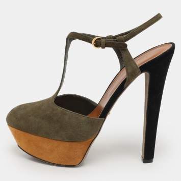 Pre Owned Sergio Rossi Green Suede T-Strap Platform Sandals Size 38.5