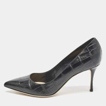 Pre Owned Sergio Rossi Black Croc Embossed Leather Pointed-Toe Pumps Size 39